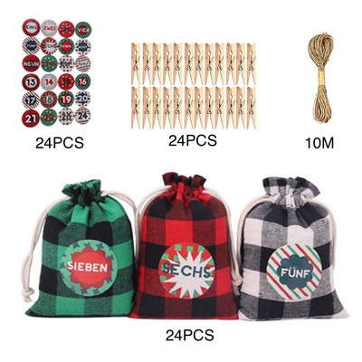 Christmas Drawstring Candy Plaid Pouches 24pcs Clips Stickers Set